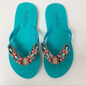 Sand By Saya teal blue sandals crystals sequins beaded embellished Sz 10